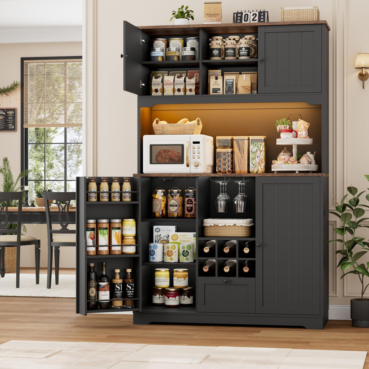 FINETONES 71" Pantry Cabinet with LED Light and Charging Station, Kitchen Pantry Cabinet with Microwave Stand, Kitchen Hutch Food Storage Cabinet with Outlet and Wine Racks, Black FINETONES