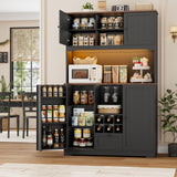 FINETONES 71" Pantry Cabinet with LED Light and Charging Station, Kitchen Pantry Cabinet with Microwave Stand, Kitchen Hutch Food Storage Cabinet with Outlet and Wine Racks, Black FINETONES