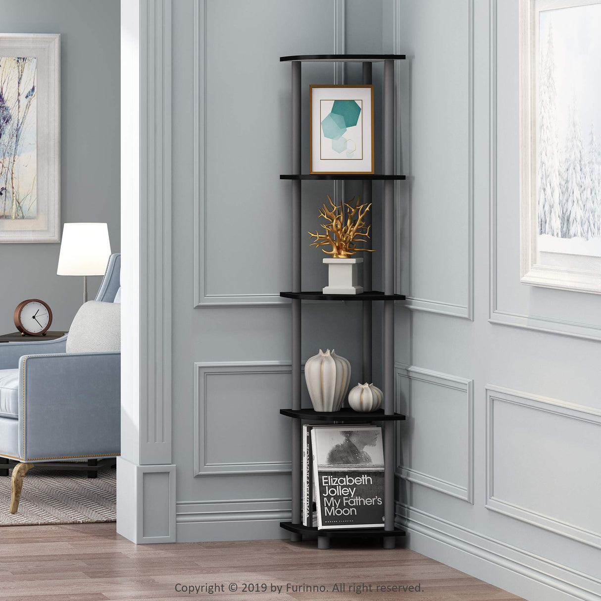 Furinno TURN-N-TUBE Corner Shelf, 5-Tier Corner Bookshelf, Open Storage Shelves, for Organization and Storage, Living Room, Home Office, Garage, Bedroom, Black Furinno