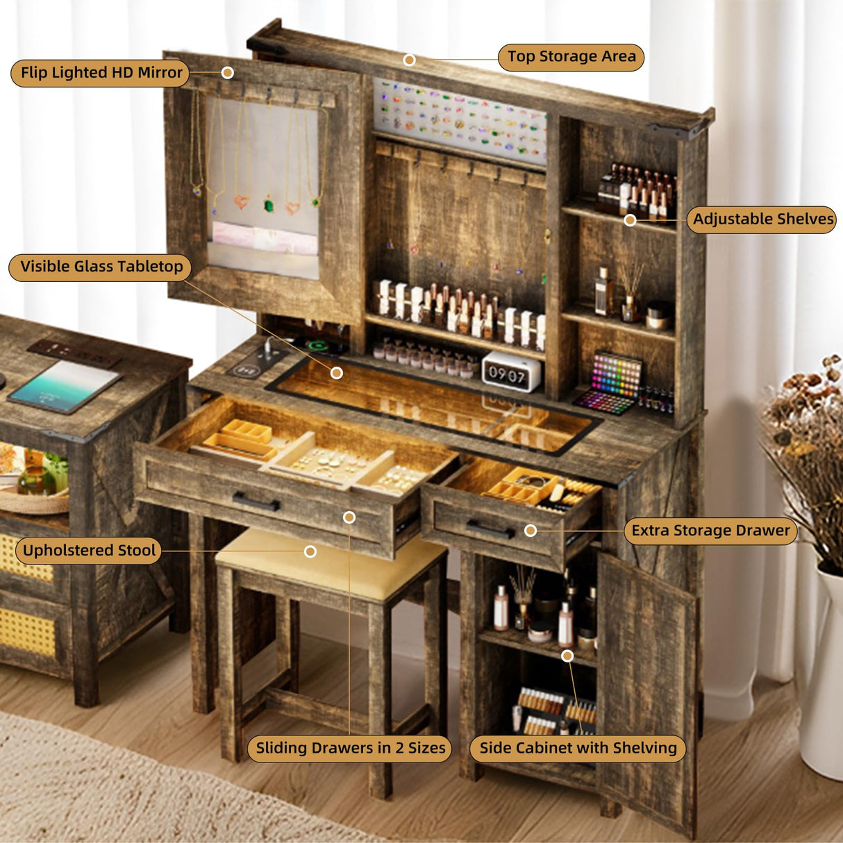 GlasFlength Farmhouse Makeup Vanity Desk with Mirror & Light, 40'' Glass Tabletop Vanity Table with 2 Drawers & Hidden Jewelry Cabinet, Rustic Big Vanity Charging Station Set, Stool Included, Bedroom GlasFlength