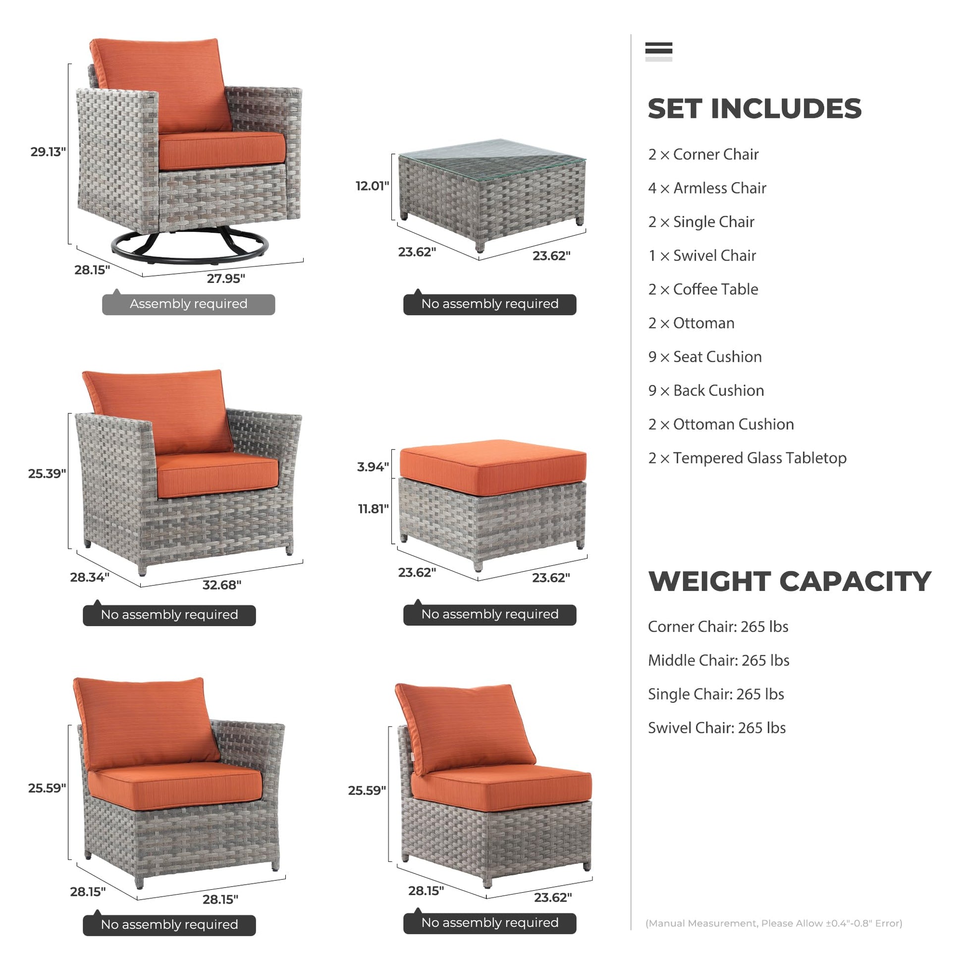 CAODOC 13 Pieces Outdoor Patio Furniture Set Wicker Sectional Sofa with Rocking Chair Tea Table Patio Rattan Conversation Set - WoodArtSupply