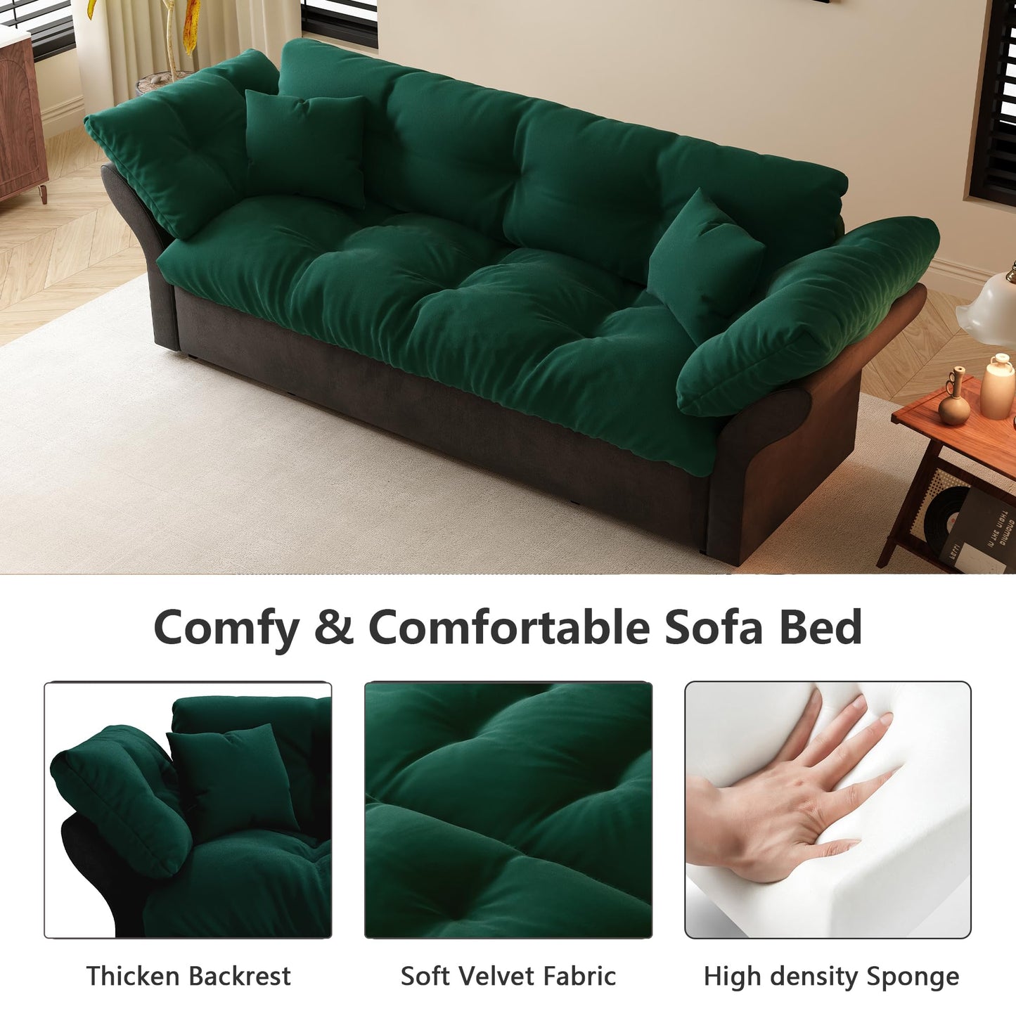 GNIXUU 74.8” Queen Pull Out Sofa Bed, Luxury Velvet Convertible Sleeper Sofa Couch with Side Storage, Comfy Cloud Futon Bed Pull Out Couch for Living Room, Apartment, Small Space(Green)