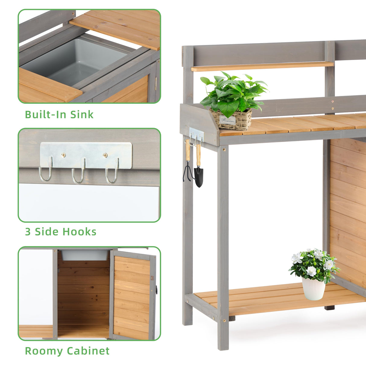 Wooden Potting Bench Table with Sink,Outdoor Garden Table Work Bench with Storage, Workstation for Outside Lawn Patio Wood-Natrl