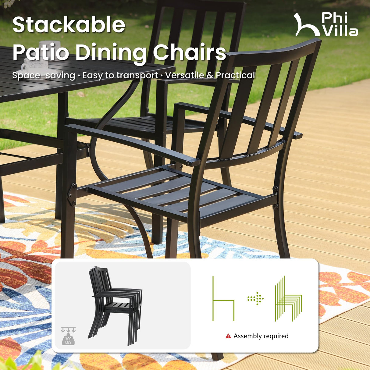 PHI VILLA 9 Pieces Outdoor Dining Set for 8, Large Rectangular Metal Table with Umbrella Hole & Stackable Wrought Iron Chairs, Dining Furniture for Patio, Deck, Yard, Porch PHI VILLA