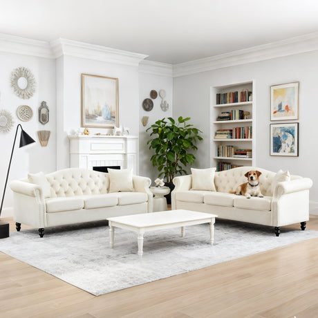 ATUMON 79" 2 Piece 3-Seater Velvet Chesterfield Sofa Couch for Living Room, Combination Sofa with 4 Pillows,Button Tufted Trimming Curved Backrest Rolled Arms with Black Legs, Beige ATUMON