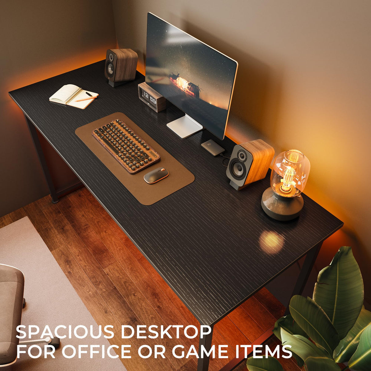 Huuger Computer Desk, 48 Inch Office Desk, Gaming Desk with Storage, Writing Desk Work Desk for Home Office, Study, Modern Simple Desk, Large Legroom, Metal Frame, Black Huuger