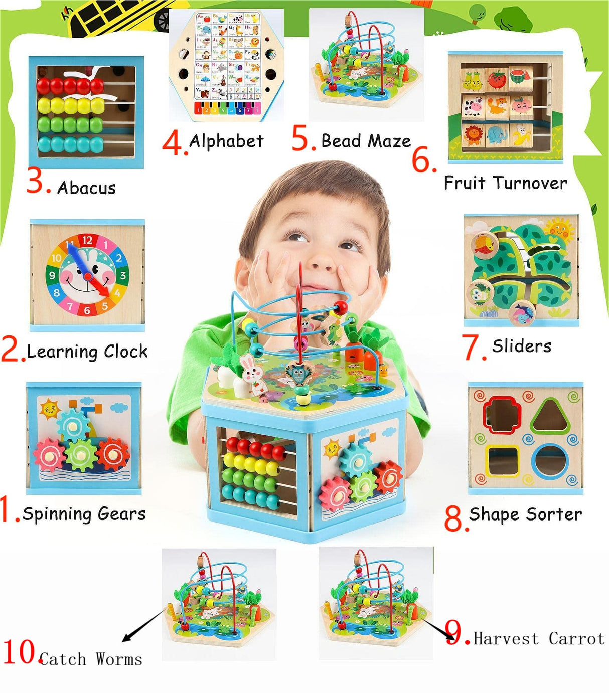 Vomocent Wooden Activity Cube for 1 Year Old Kids, Educational Learning Bead Maze for Toddler Age 1-3, Developmental Montessori Toys for 12-36 Months Boys Girls Gift Vomocent