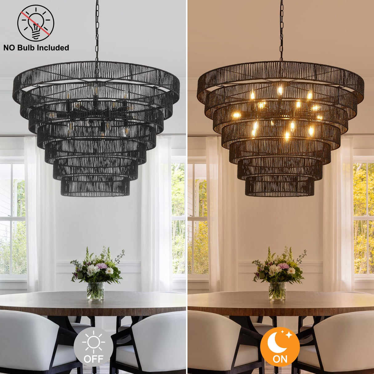 YOMECOO 39.4“ Large Hand-Woven Rattan Chandelier Vintage Farmhouse 15-Lights Boho Bamboo Black Chandeliers Light Fixture Retro Drum Wicker Rattan Chandelier for Dining Room, Living Room, Kitchen, E12 YOMECOO