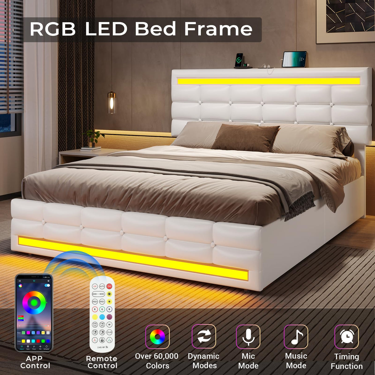 ADORNEVE Full Size LED Bed Frame with 4 Storage Drawers, Pu Leather Upholstered Platform Bed Full with Charging Station & LED Lights, Square Stitched Button Tufted Design, No Box Spring Needed, White ADORNEVE