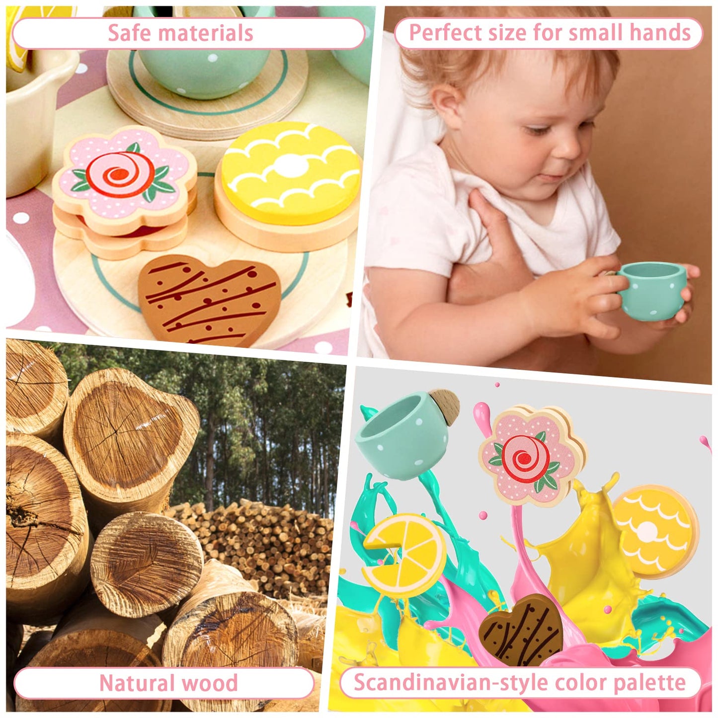 Wooden Tea Set for Little Girls Play Food Pretend Play Kitchen Accessories for 3 4 5 Years Old Girls and Boys Toddler Princess Tea Time Party Food Toys - WoodArtSupply