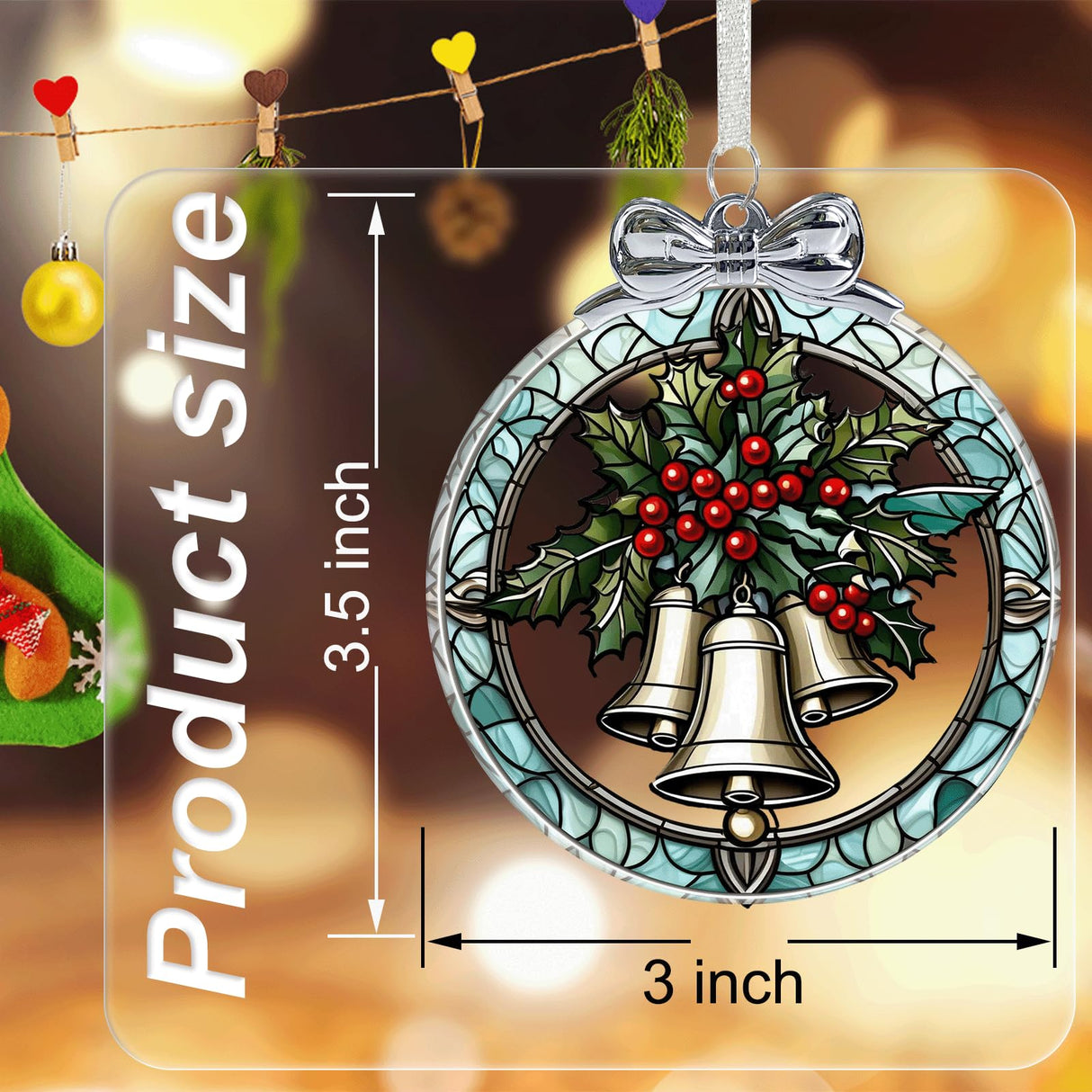 Christmas Bell Stained Glass Ornament - Hanging Ornaments for Christmas Tree, Christmas Ornaments Xmas Decorations, Holiday Keepsake Present Exchange Ideas Aestas