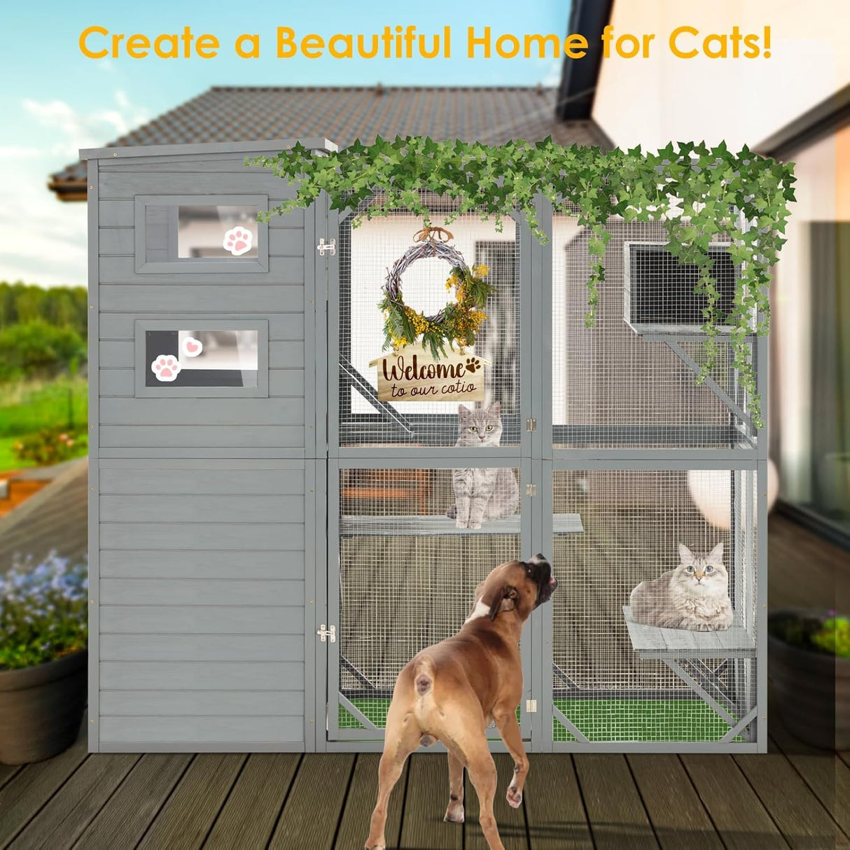 YDTOP Large Catio 4 Tiers Cat Enclosure House for Multiple Indoor Outdoor Cats with Weatherproof Roof, 4 Resting Rooms, 4 Platforms, 5 Windows, 70" H 32" W 77" L, Grey Green YDTOP