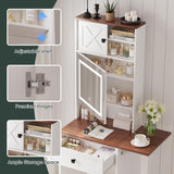 Vanity, Small Vanity Desk with Mirror and Lights, Farmhouse Makeup Vanity Table with 3 Adjustable Lighted Mirror and Chair for Compact Space, Corner Mini White Make up Table with Fold-up Panel Smart FENDEE