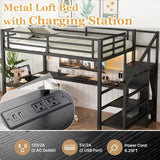Bellemave Full Size Metal Loft Bed with L Shaped Desk and Wardrobe, Heavy Duty Loft Bed Frame with Storage Stairs, LED Loft Bed Frame with Charging Station & Safety Guardrails, Black Bellemave