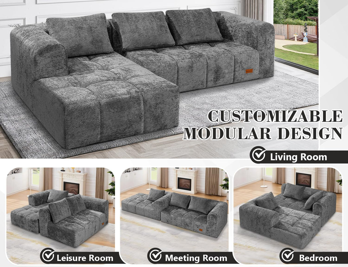 HABUTWAY 103" L-Shaped Modular Sectional Sofa, No Assembly Required Deep Seat Couch with 3 Pillows, Soft Fabric Upholstered, Modern Chaise Lounge for Living Room, Bedroom, Grey HABUTWAY