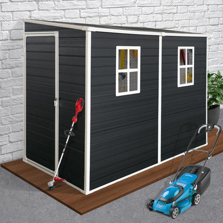 Jaxenor 4x8 FT Lean to Shed, Resin Storage Sheds Outdoor with Floor, Plastic Sheds & Outdoor Storage Clearance with 2 Windows, Backyard Storage Sheds for Garden Tools, Bicycle, Gift for Dad Jaxenor