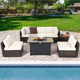 Tangkula 7 Piece Patio Furniture Set with Fire Pit Table, Includes 42 Inches 60,000 BTU Propane Rectangle Fire Pit and Protective Cover, Outdoor Cushioned Sectional Sofa Set for 5 (Off White) Tangkula
