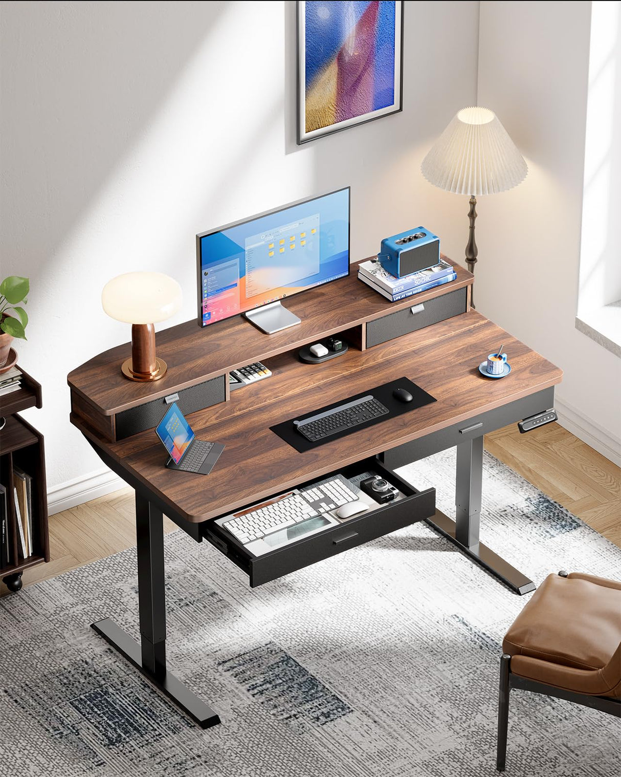 HUANUO 55 x 30 inch Electric Standing Desk with Wood Drawers, Adjustable Height Sit Stand Home Office Desk with Two Tiers, Ergonomic Adjustable Stand up Desk C-Clamp Monitor Mount Compatible, Walnut HUANUO