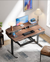 HUANUO 55 x 30 inch Electric Standing Desk with Wood Drawers, Adjustable Height Sit Stand Home Office Desk with Two Tiers, Ergonomic Adjustable Stand up Desk C-Clamp Monitor Mount Compatible, Walnut HUANUO