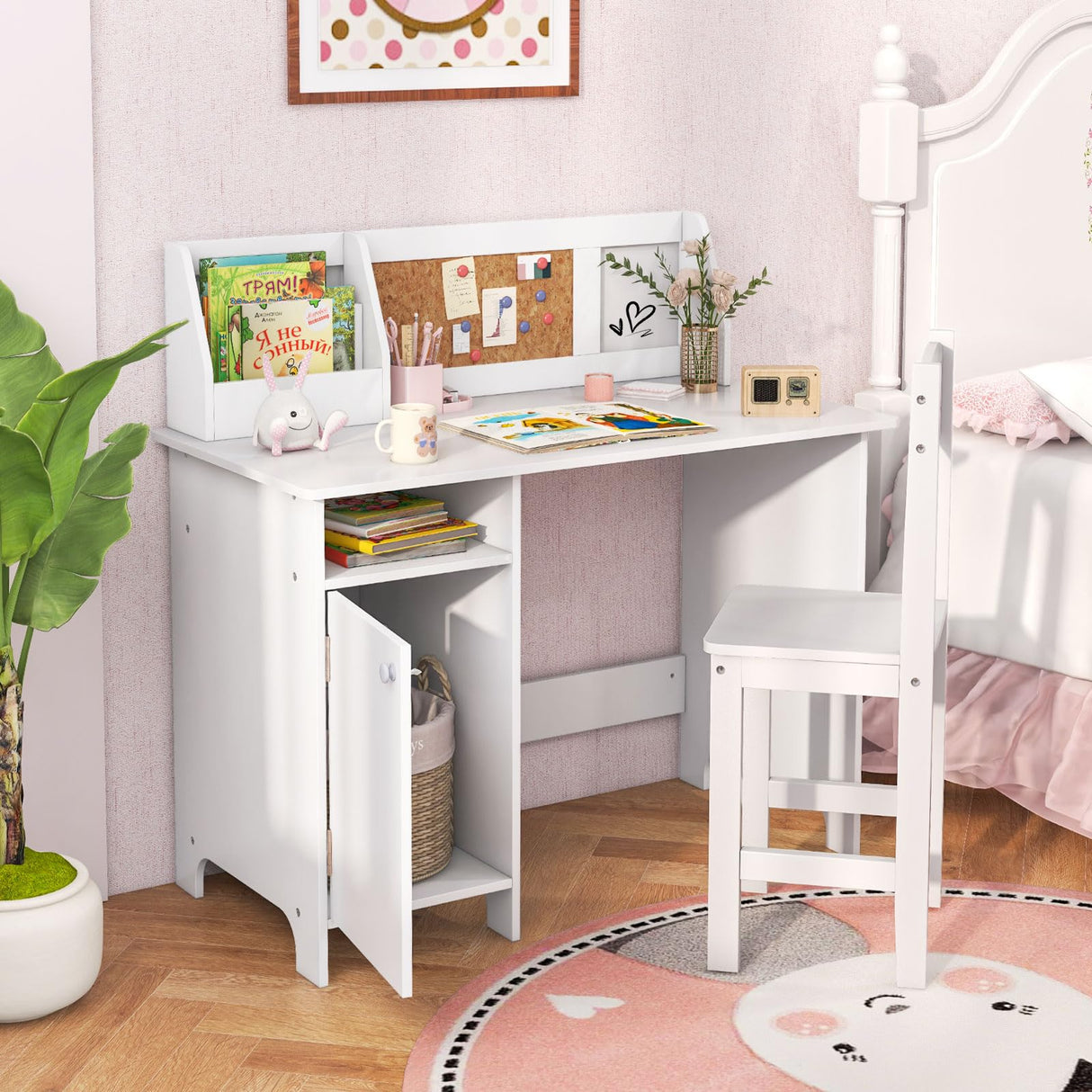HONEY JOY Kids Desk and Chair Set, Wooden Children School Study Table and Chair w/Whiteboard, Hutch, Storage Shelves, Student Writing Desk Computer Workstation for Bedroom, 3+ Years Old (White) HONEY JOY