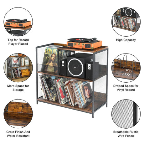 Huxitocan 3 Tier Record Player Stand Holds Up to 300 Albums with 4 Adjustable Divider for Turntable Stand, Large Vintage Record Player Table with Vinyl Record Holder Cabinet-Patent Pending Huxitocan