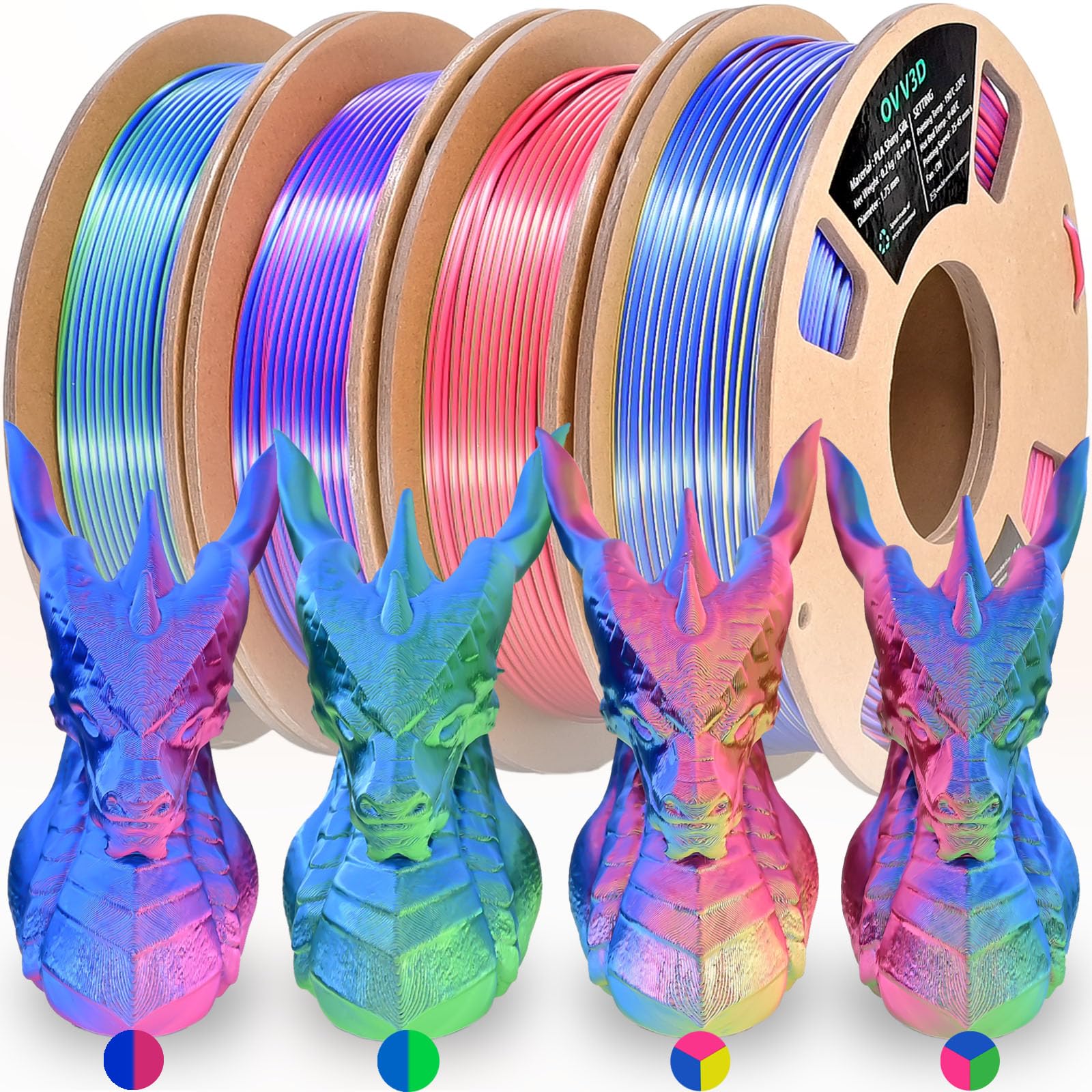 OVV3D 3D Printer Filament, Tri-Colors PLA Filament 1.75mm, Coextrusion Silk PLA Filament, Rainbow PLA Filament with Silk PLA Blue-Green-Orange, 3D Printing Filament +/-0.02mm, 1kg/2.2lbs - WoodArtSupply