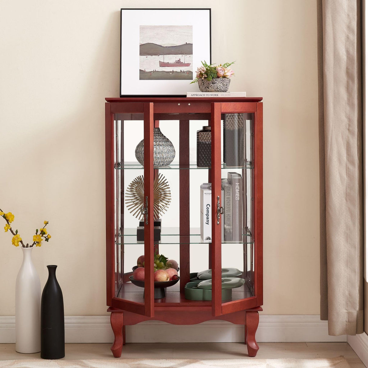 CKEASEAN Curio Cabinet with Tempered Glass Doors, Corner Display Cabinet with Lights,China Storage Cabinet with Mirrored Back Panel and Adjustable Shelves for Bedroom, Living Room (Cherry) CKEASEAN
