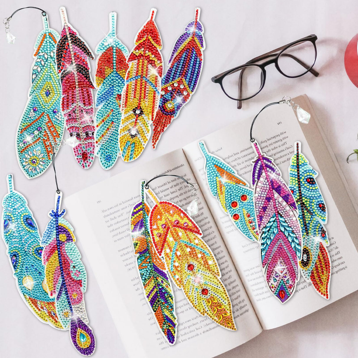LINGFANG 12 Pcs Diamond Painting Bookmark, Crystal DIY Book Makers for Book Lovers, Diamond Art Beginners, Small Diamond Art Kits with Pendant, Paint by Art Crafts Gift for Women Girls (Feather) LINGFANG