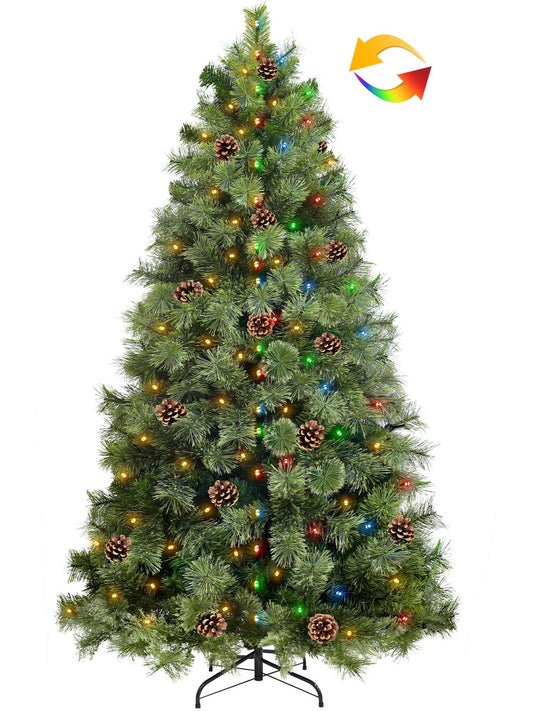 6 Ft by 40" Prelit Full Scotch Pine Christmas Tree with 200 Warm White & Colorful Change Lights Timer,555 Thick Mixed Branch Tips,33 Pinecones,8 Mode,Metal Stand,Hinged Tree Artificial Xmas Tree Decor