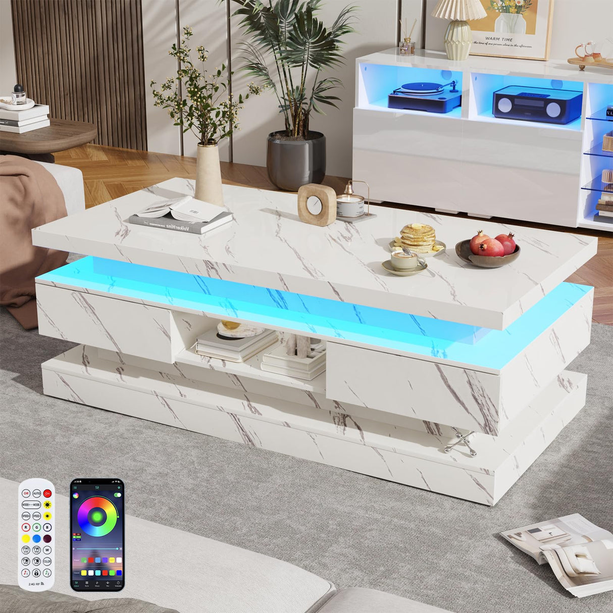 47.2 inch Modern High Glossy LED Coffee Table with 2 Sliding Drawers, Double-Layer Center Tables with LED Lights for Livings Room Furniture, White chartustriable