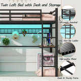FULLJOJOR Loft Bed Twin Size with Desk, 8 Storage Drawers, Power Outlet, LED Metal Loft Bed with Storage Shelve, Bed with Safety Guardrail & Ladders,Space-Saving,Black FULLJOJOR