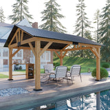 AMERLIFE 13x15 ft Spruce Wood Gazebo, Outdoor Gazebo with Bar Storage, Hardtop Wooden Paviloinwith Metal Steel Gable Roof, Patio, Garage, Black + Natural Wood AMERLIFE