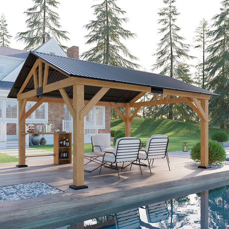 AMERLIFE 13x15 ft Spruce Wood Gazebo, Outdoor Gazebo with Bar Storage, Hardtop Wooden Paviloinwith Metal Steel Gable Roof, Patio, Garage, Black + Natural Wood AMERLIFE