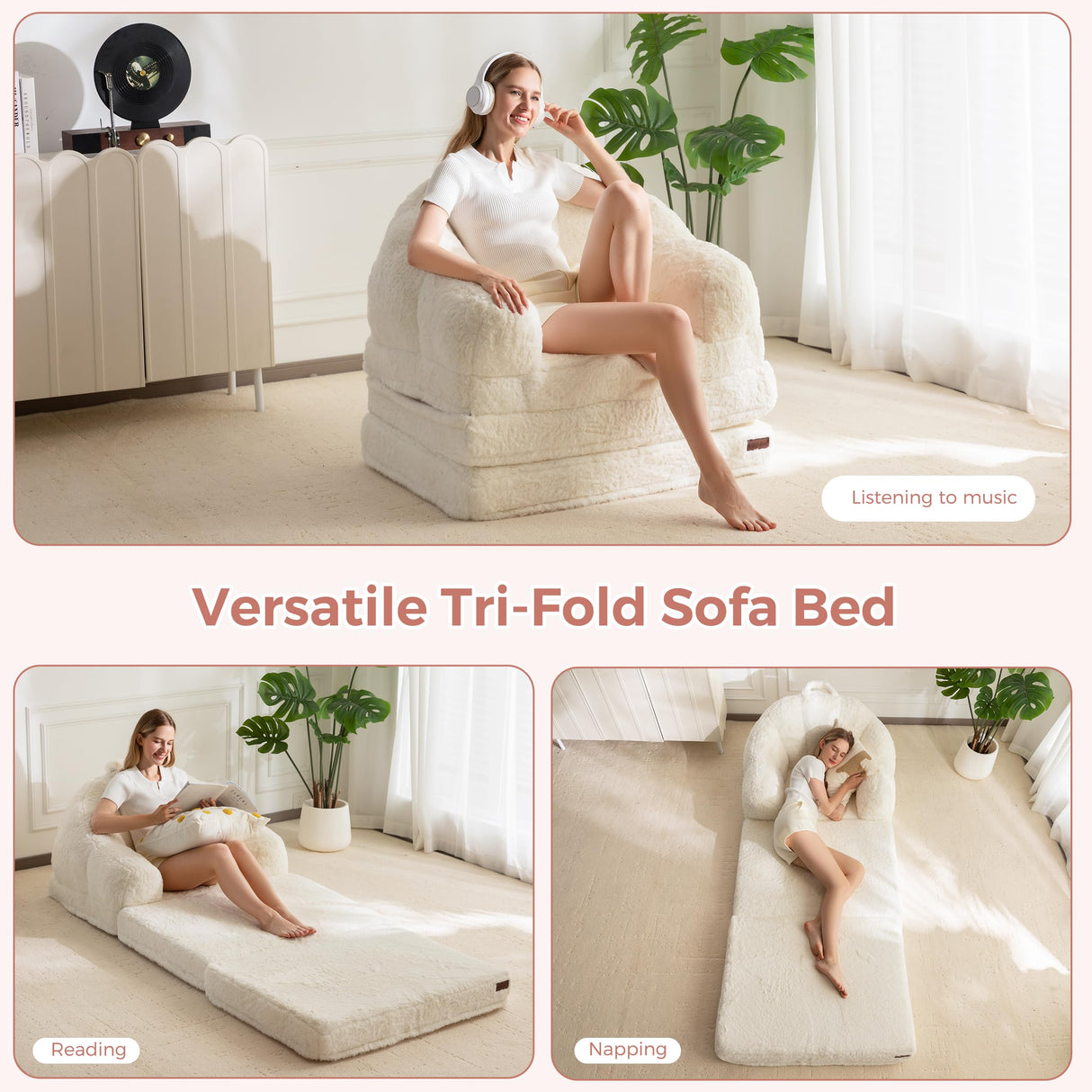 MAXYOYO Folding Sofa Bed, 2 in 1 Convertible Sofa to Lounger Comfy Single Bean Bag Chair for Adults, Floor Sleeper Couch with Handle, Faux Fur Couch Bed for Living Room Bedroom, Beige MAXYOYO