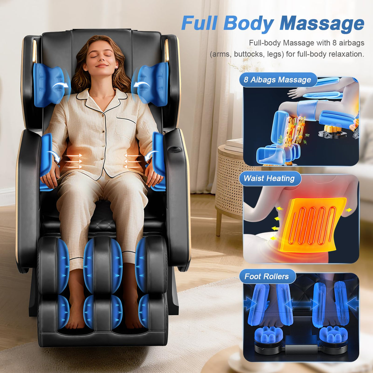 NAGLIFOR Massage Chair Full Body, Zero Gravity Massage Chair 2025 for Back Fatigue with 10 Fixed Rollers, Airbags, Phone Controller, Heating, Bluetooth Speaker, Nightlights for Living Room, Bedroom NAGLIFOR