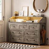 GlouMod Farmhouse 7 Drawers Dresser for Bedroom，Wooden Dresser with LED Light & Power Outlet, Tall Dresser Wide Chests of Drawers, Storage Organizer for Living Roon, Entryway, Closet, Gray Dresser GlouMod