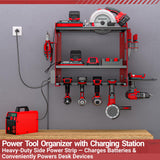 YYR Power Tool Organizer Wall Mount with Charging Station, Cordless Tools Hanger and Battery Storage Rack for Garage Organization, Heavy Duty Drill Holder Shelf Build in Metal Power Strip - Red YYR