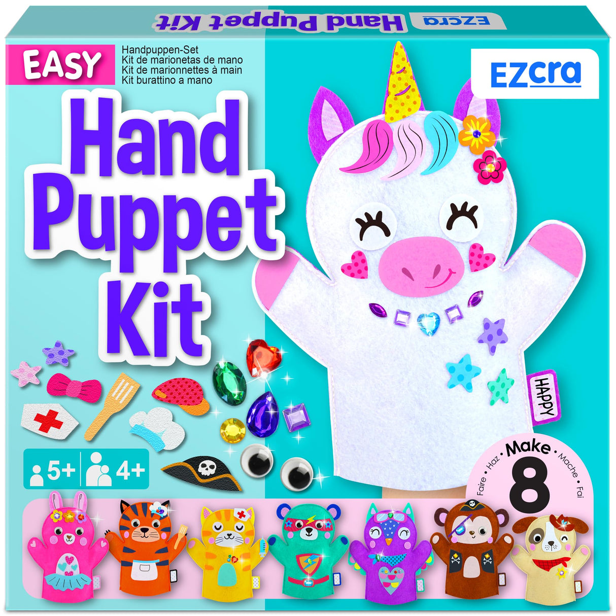 EZCRA Unicorn Hand Puppet Making Kit for Kids Age 5-8 - DIY Puppet Making Craft Kit - Creative Arts & Crafts Set, Educational Gift - 8 Projects, Extra Stickers for Decoration EZCRA
