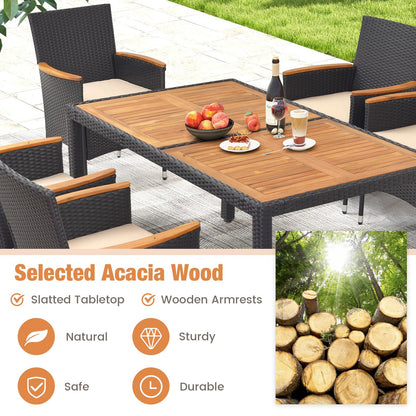 HAPPYGRILL 7 Pieces Outdoor Dining Set, Patio Conversation Set with Umbrella Hole, Acacia Wood Tabletop & Seat Cushions, Dining Table with 6 Rattan Wicker Chairs for Backyard Poolside Deck - WoodArtSupply