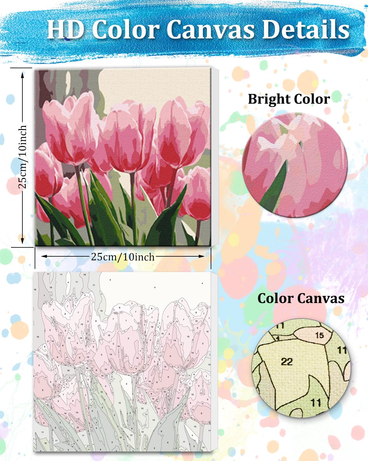 TOCARE Framed Paint by Numbers Kit for Adults Beginner, Tulip Paint by Number with Frame, Small Simple Oil Paint by Numbers Framed Canvas Flowers for Home Wall Decor (10x10 Inch, Without Easel) TOCARE