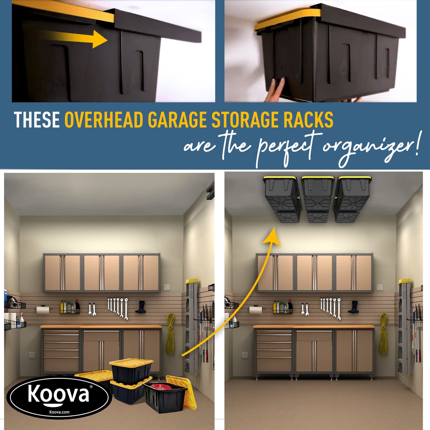 Koova Heavy-Duty Overhead Garage Storage Rack for 6 Bins. Adjustable Width, 240lb Capacity. DIY Safe Mount, Easy Install. Fits 27-Gallon Totes. USA Made Pro-Grade Steel. Space Saving Organizer