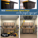 Koova Heavy-Duty Overhead Garage Storage Rack for 6 Bins. Adjustable Width, 240lb Capacity. DIY Safe Mount, Easy Install. Fits 27-Gallon Totes. USA Made Pro-Grade Steel. Space Saving Organizer Koova