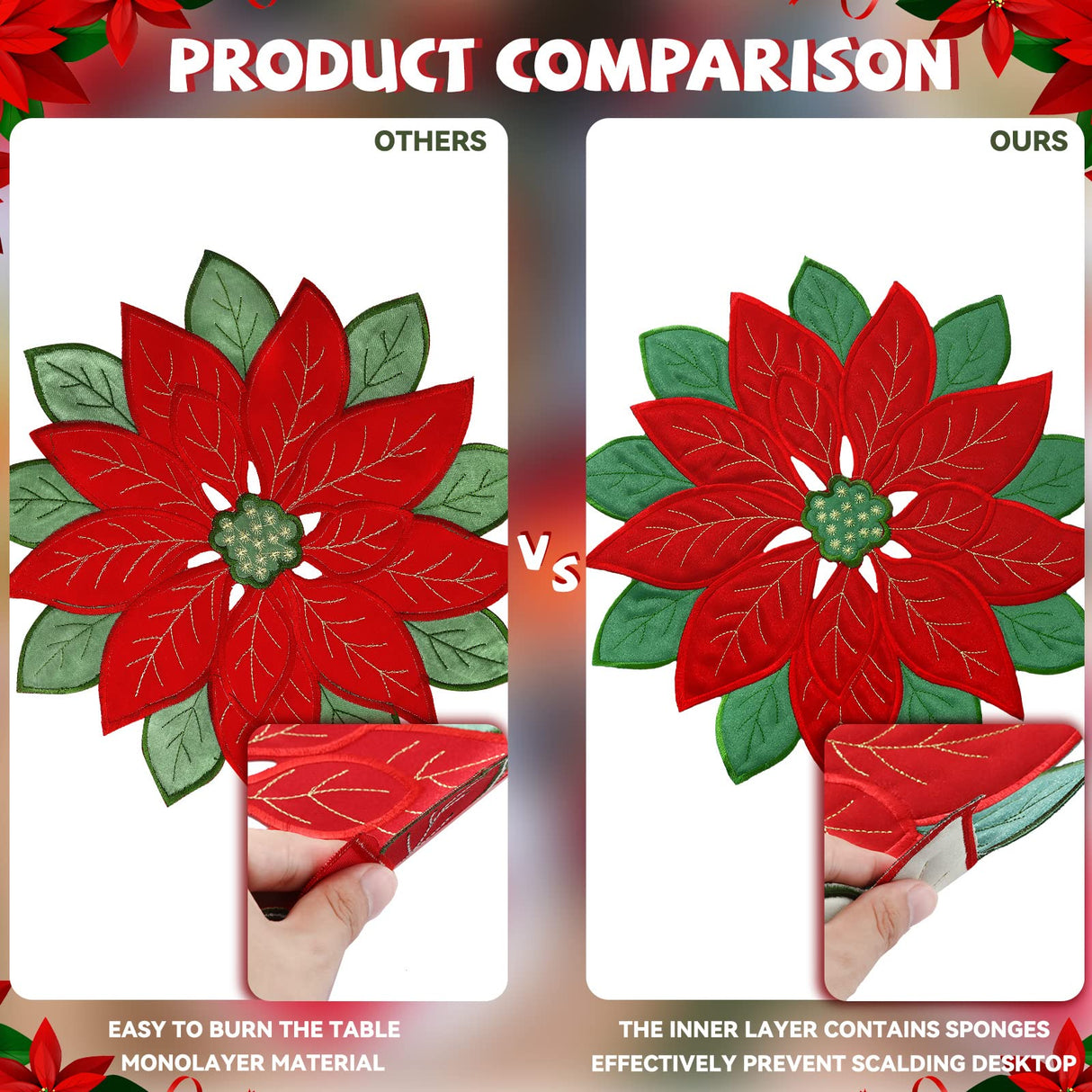 Christmas Placemats Set of 6 Christmas Embroidered Placemats 14 x 14 Inch Red Round Double Layer Applique Poinsettia Xms Flower Place Mat Table Decorations for Home Dining Holiday Tudomro