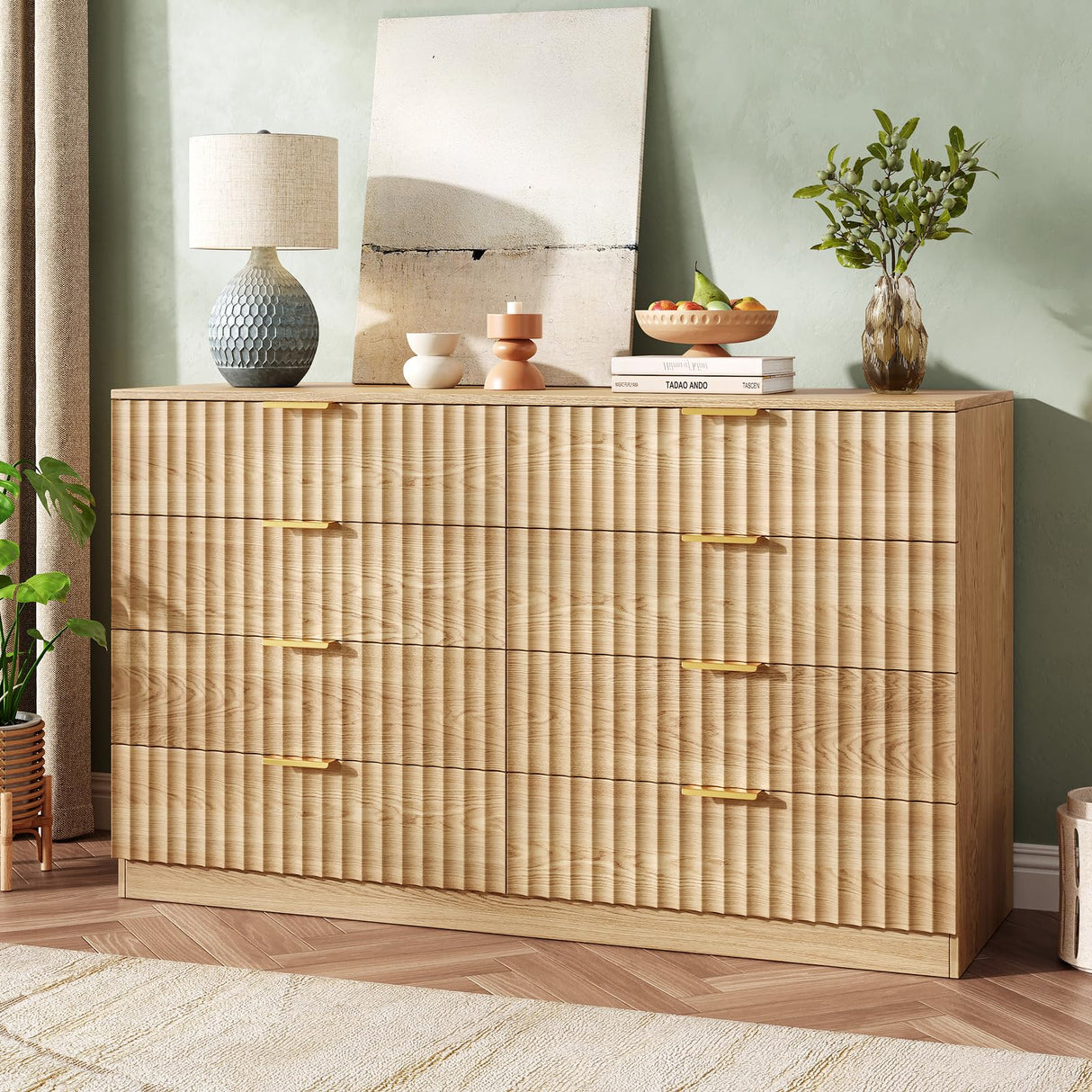 NDOHCUO Fluted 8 Drawer Dresser for Bedroom,47.2''W Modern Dresser for Closet with Metal Handle, Wooden Chest of Drawers for Bedroom, Living Room, Hallway, Natural NDOHCUO