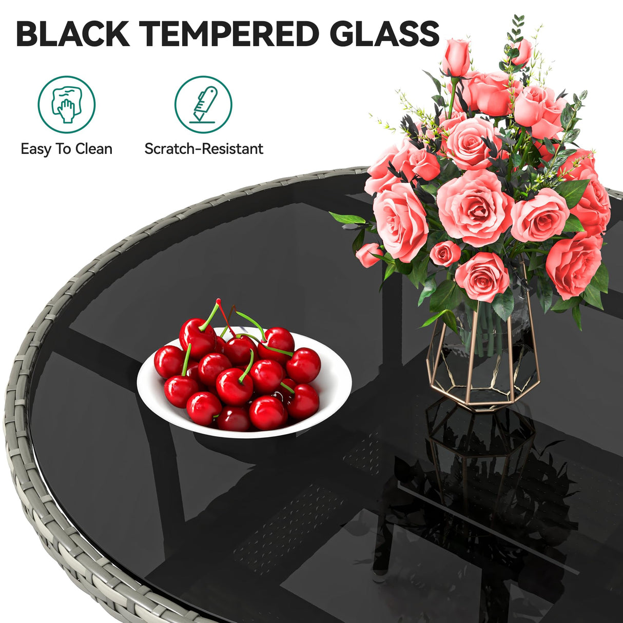 YITAHOME 31.5" Patio Table for 4-Person, Outdoor Patio Wicker Round Dining Table, All-Weather Rattan Bistro Dining Table w/Glass Tabletop for Backyard Deck Porch Poolside, Gray YITAHOME