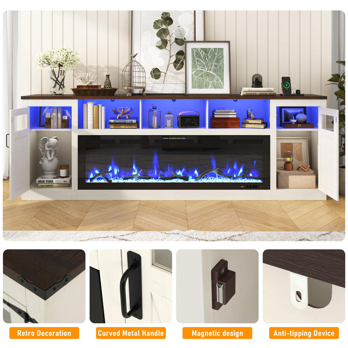 Fireplace TV Stand for 100 Inch TV, 95" Farmhouse Entertainment Center with 60" Electric Fireplace & LED Lights, Large Media Console for Living Room, Rustic Barn Doors, Power Outlets, Antique White chartustriable