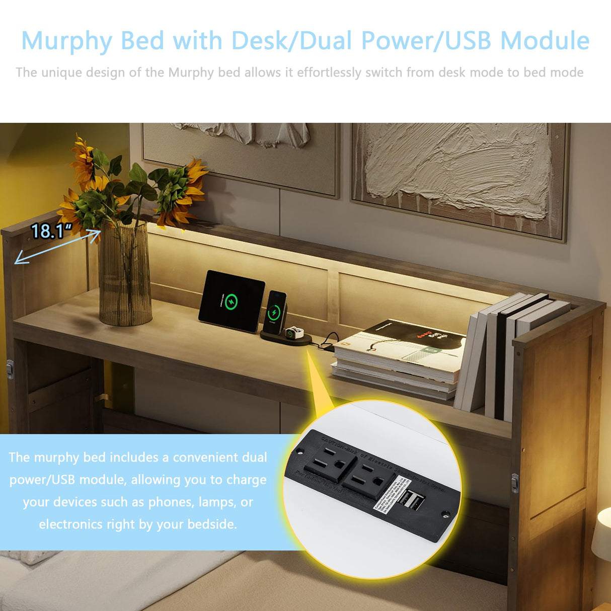 Polibi Twin XL Size Horizontal Murphy Bed with Desk,LED Light and USB Charging Station,Murphy Cabinet Bed for Living Room,Guest Room,Gray Wash Polibi