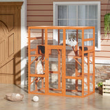 COZIWOW Large Wooden Cat Cage with Perches and Condos, Play & Run Enclosures Indoor Kitty Window Kennel with Waterproof Roof, 7 Platforms & 2 Resting Box, UV Resistant, 62.4"L x 32.4"W x 70"H, Orange COZIWOW