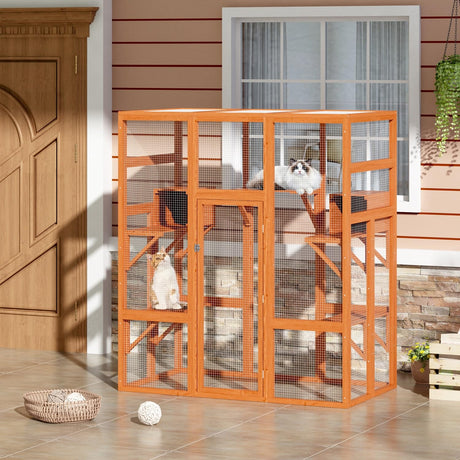 COZIWOW Large Wooden Cat Cage with Perches and Condos, Play & Run Enclosures Indoor Kitty Window Kennel with Waterproof Roof, 7 Platforms & 2 Resting Box, UV Resistant, 62.4"L x 32.4"W x 70"H, Orange COZIWOW