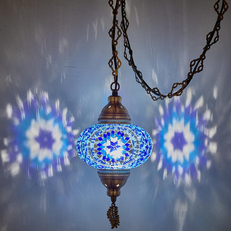DEMMEX Plug-in Turkish Moroccan Mosaic Hanging Pendant Ceiling Light – Swag Lamp Fixture with 15ft Cord & Chain, Handcrafted Glass, Vintage Tiffany Style, Mediterranean Exotic Decor, (Blue) DEMMEX